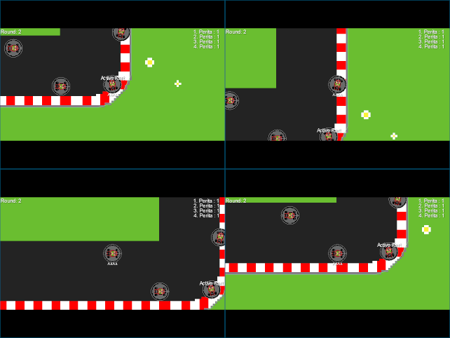 Four client window arranged in a grid showing the same race in a left-turning bend. Each window has a different puck with “^^^” written below and one puck, but the same for all windows, with “Active Kart” on top.