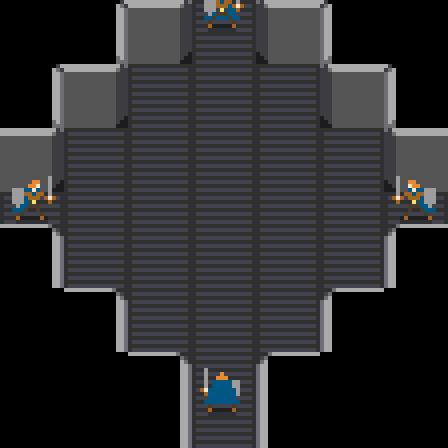 A mock-up of a Xenorogue’s floor with the same four players, again each one at at cardinal direction.