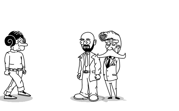 Animated scene with three characters of The Hirsute Adventure of the Archivist Oddly Proud of Being Bald