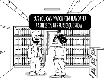 Screenshot of The Hirsute Adventure of the Archivist Oddly Proud of Being Bald, showing Leio explaining his father’s job.